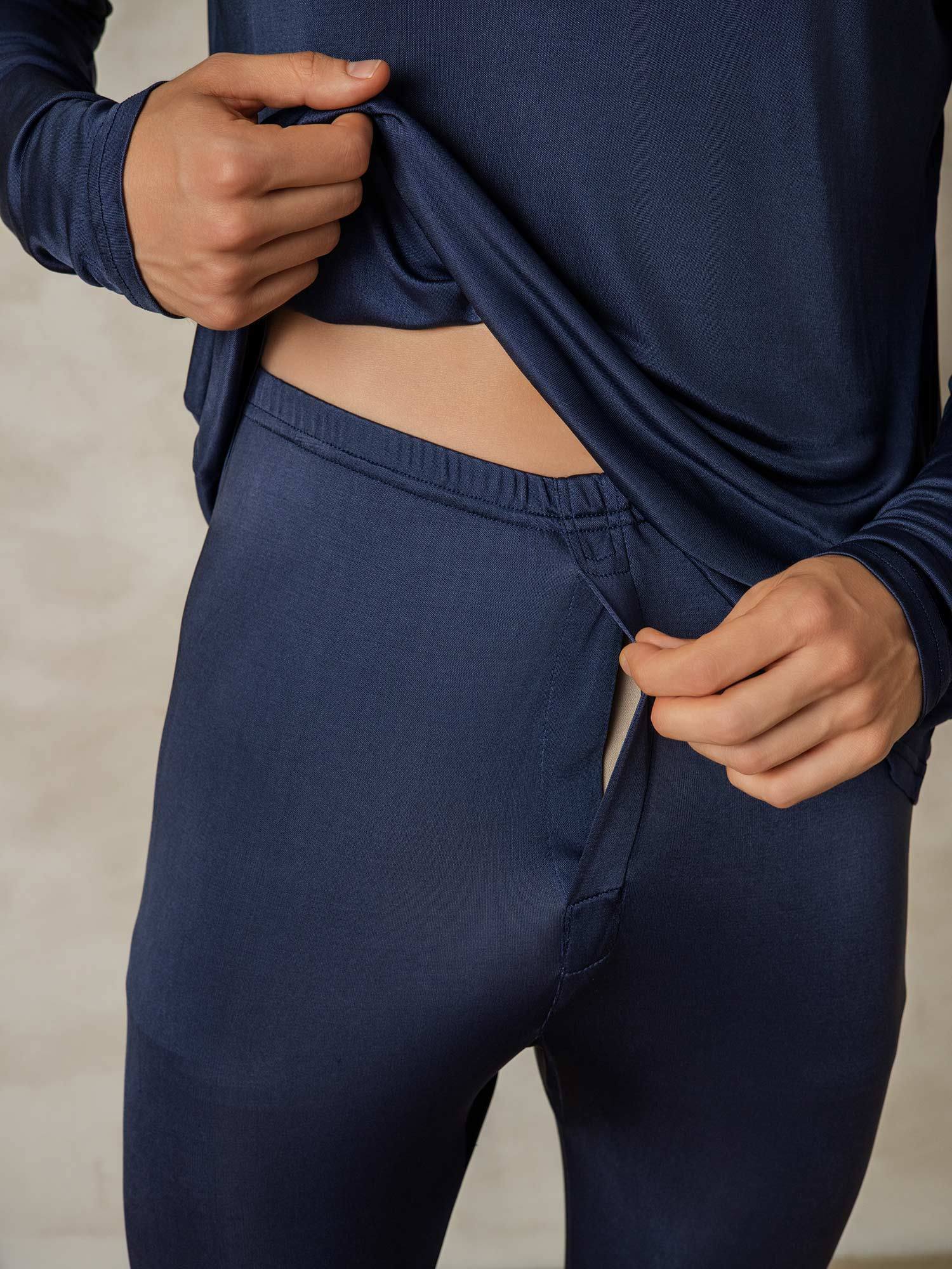 [DarkBlue] SilkSilky Silk Round Neck Men's Pajamas 005