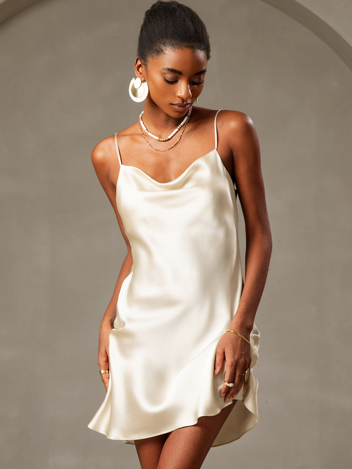 [Light Yellow] SilkSilky  Pure Silk Cowl Neck Dress 001