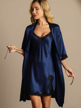 [Dark Blue] SilkSilky  Half Sleeve V Neck Nightgown&Robe Set 006