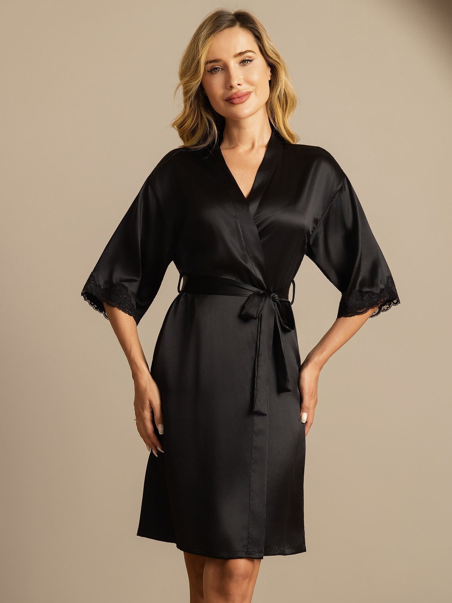 [Black] SilkSilky Pure Silk Womens Robe 003