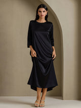 [Black] SilkSilky 3/4 Sleeve Round Neck Dress 004