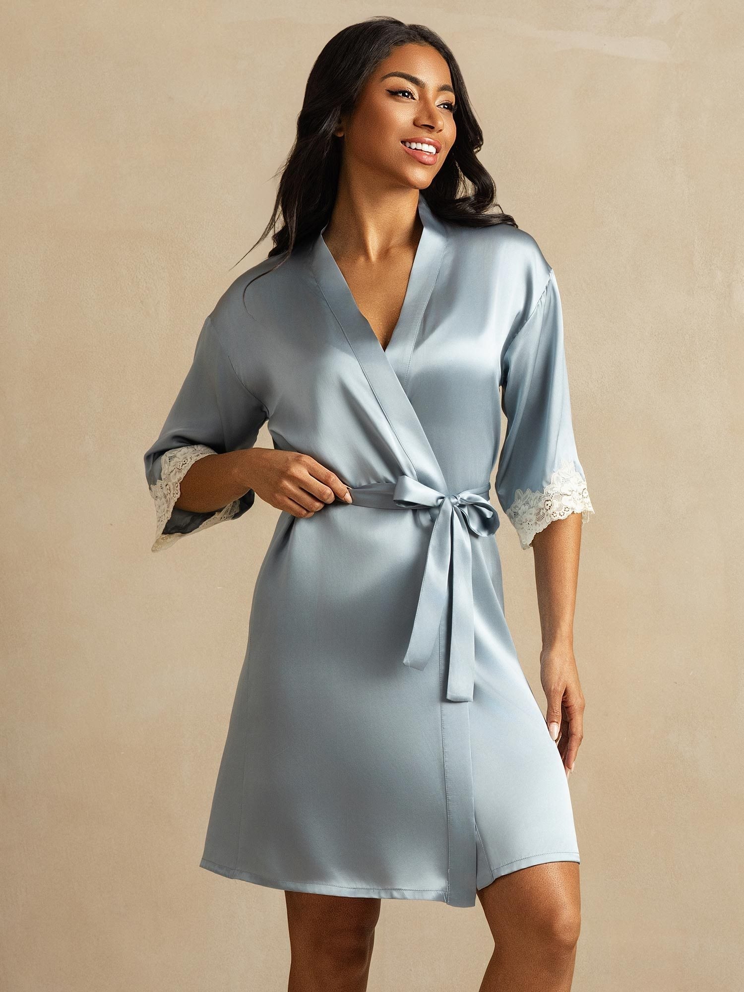 [Grayish Blue] SilkSilky  Pure Silk Womens Robe 001