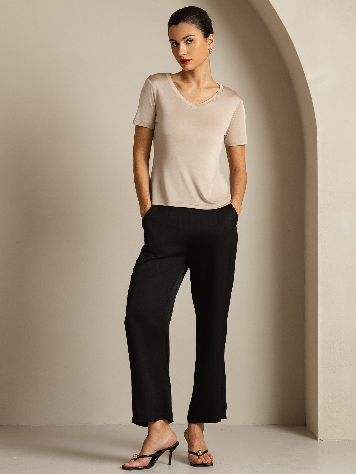 [LightKhaki] SilkSilky Pure Silk V Neck Women's T-Shirt 008