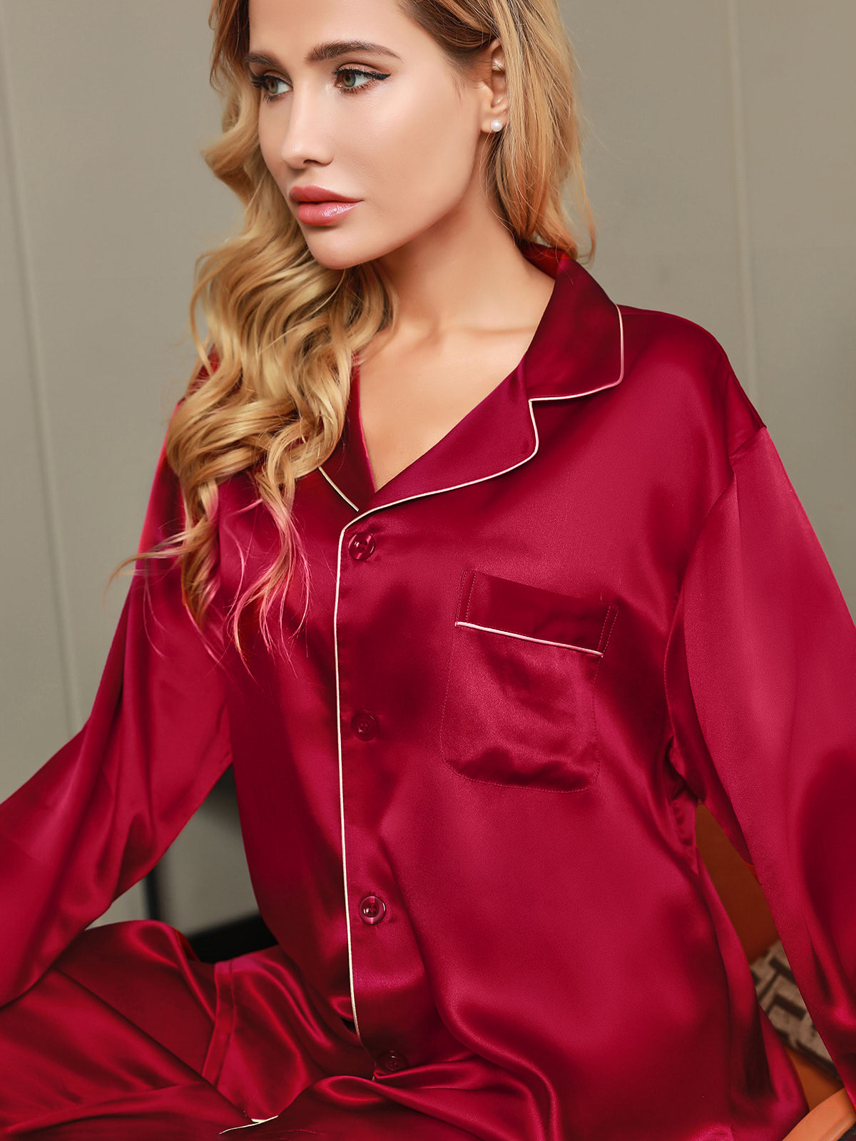 [Wine] SilkSilky  Silk Long Sleeve Notch Collar Women's Pajamas 013