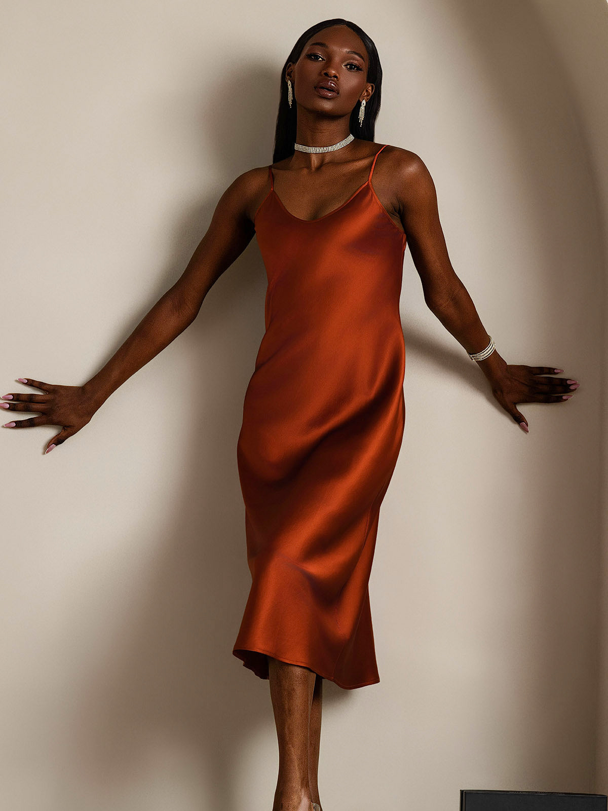 [Caramel] SilkSilky  Pure Silk Round Neck Dress 005