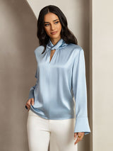 [Grayish Blue] SilkSilky  19Momme Silk Keyhole Neck Women's Shirt 008