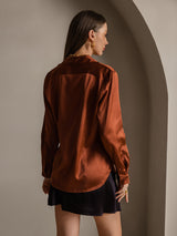[Caramel] SilkSilky  19Momme Stretch Silk Charmeuse Long Sleeve Lapel Collar Women's Shirt 002