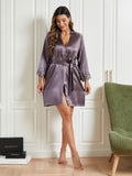 SilkSilky US Pure Silk 3/4 Sleeve Womens Robe PurpleGray 006