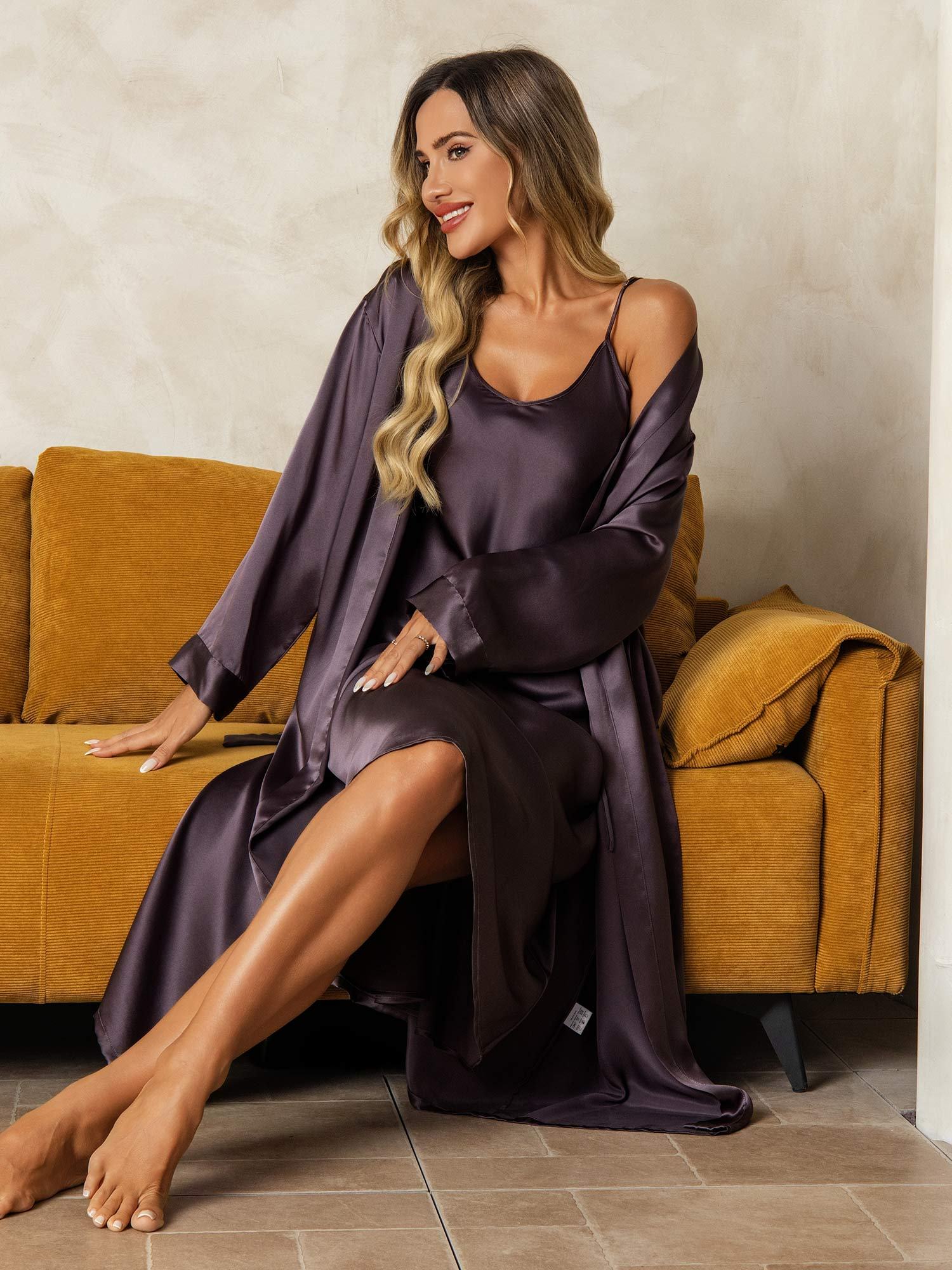 [PurpleGray] SilkSilky Pure Silk Wrap Nightgown&Robe Set 004