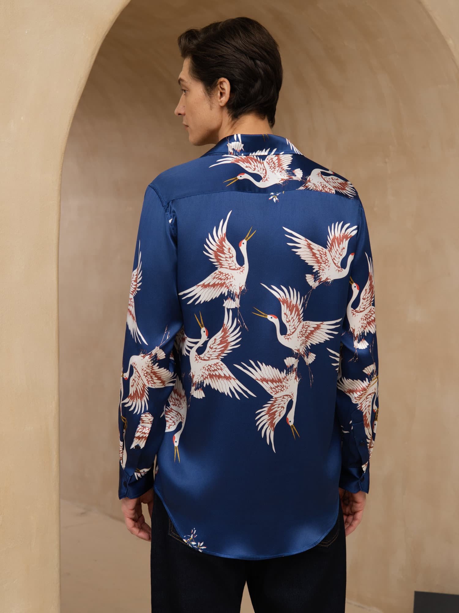 [Dark Blue] SilkSilky 19Momme Long Sleeve Lapel Collar Men's Shirt 002