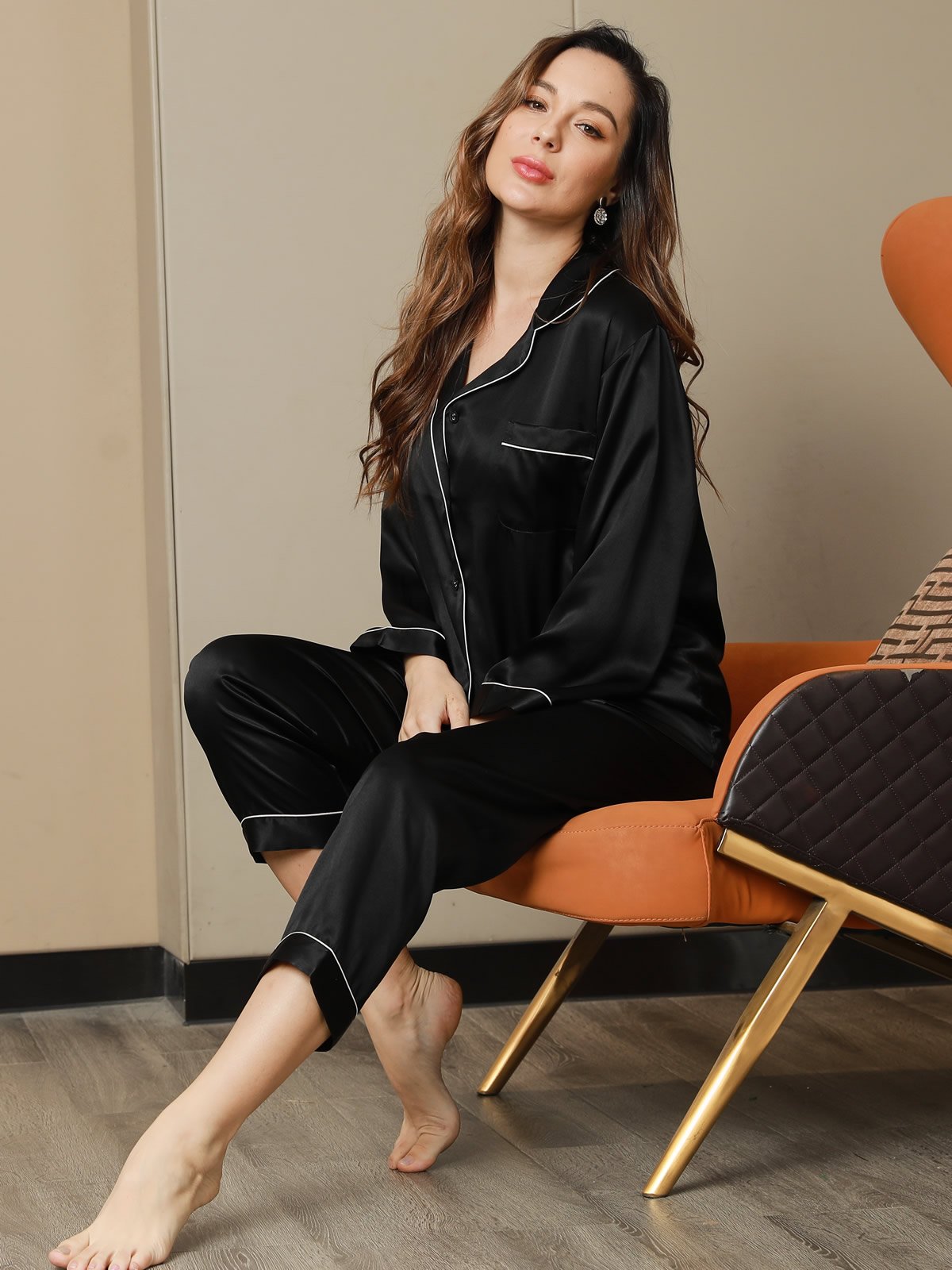 SilkSilky US Pure Silk Long Sleeve Lapel Women's Pajamas Black 004