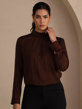[Coffee] SilkSilky  Long Sleeve Stand Collar Women's Blouse 006