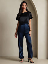 [Black] SilkSilky  19Momme Stretch Silk Charmeuse Short Sleeve Boat Neck Women's T-Shirt 007