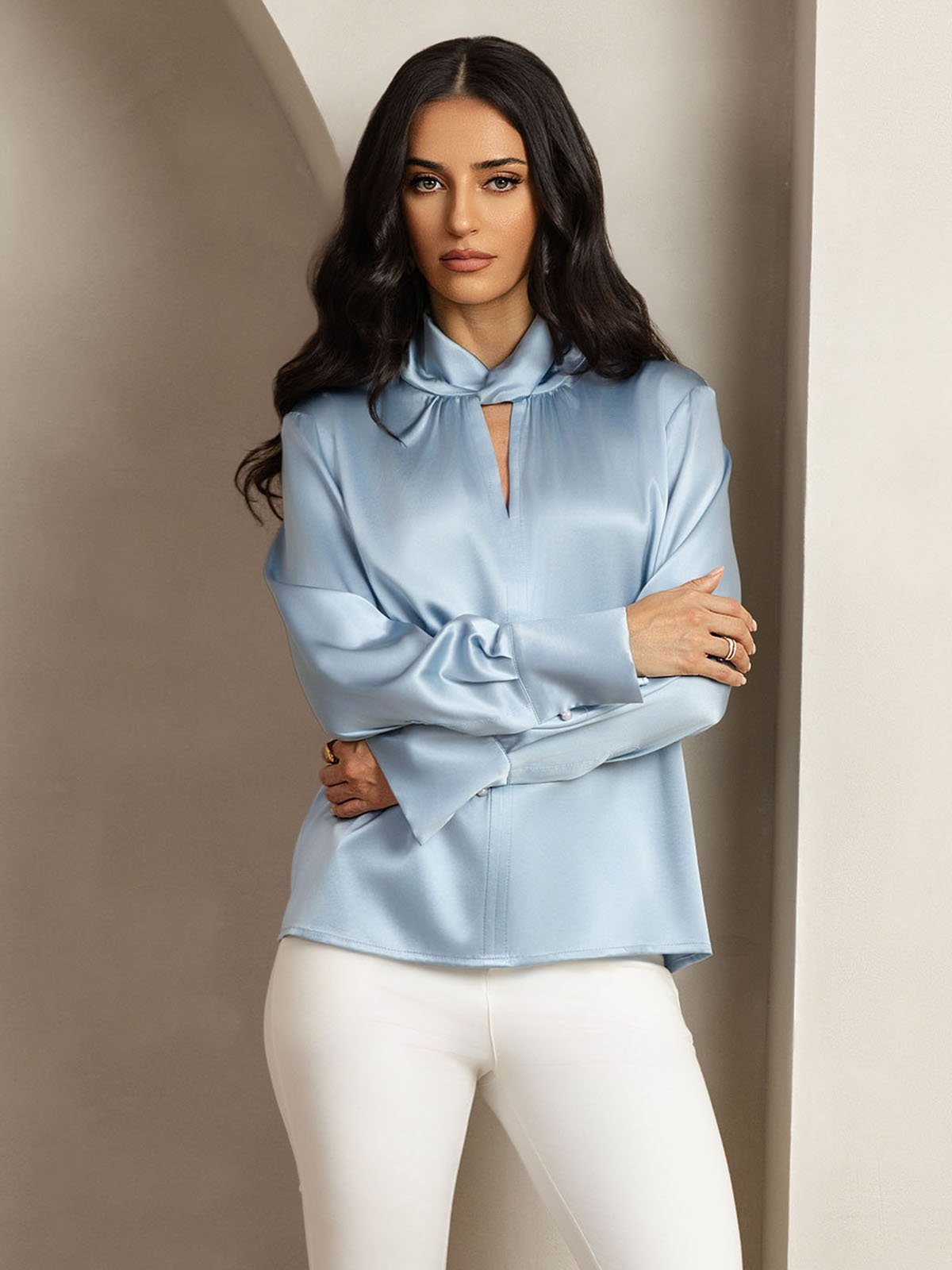 [GrayishBlue] SilkSilky 19Momme Silk Keyhole Neck Women's Shirt 006