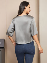 [Dark Gray] SilkSilky  Pure Silk Half Sleeve Scoop Neck Women's T-Shirt 002