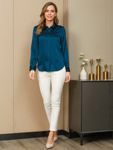 [Teal] SilkSilky  19Momme Stretch Silk Charmeuse Long Sleeve Lapel Collar Women's Shirt 005