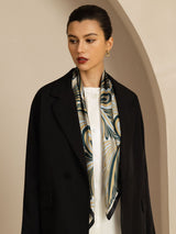 Pure silk square scarf with abstract floral fan pattern in green, gold, beige and blue