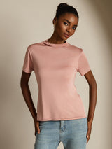 [Pink] SilkSilky  100% Silk Jersey Short Sleeve Mock Neck Women's T-Shirt 008
