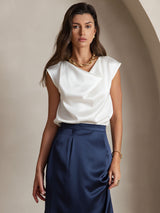 [White] SilkSilky  19Momme Stretch Silk Charmeuse Cap Sleeve Cowl Neck Women's T-Shirt 001