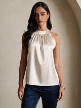 [Beige] SilkSilky  Sleeveless Halter Women's T-Shirt 003