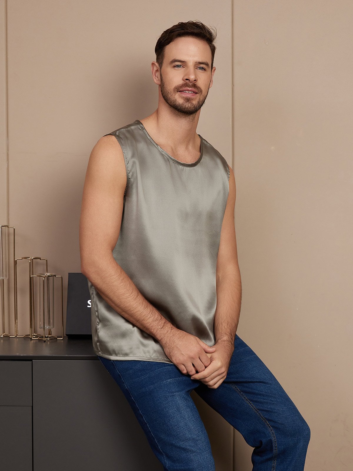 [Grayish Green] SilkSilky  Pure Silk Sleeveless Mens T-Shirt 004