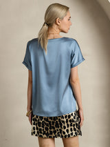 [Grayish Blue] SilkSilky  19Momme Stretch Silk Charmeuse Short Sleeve Boat Neck Women's T-Shirt 002