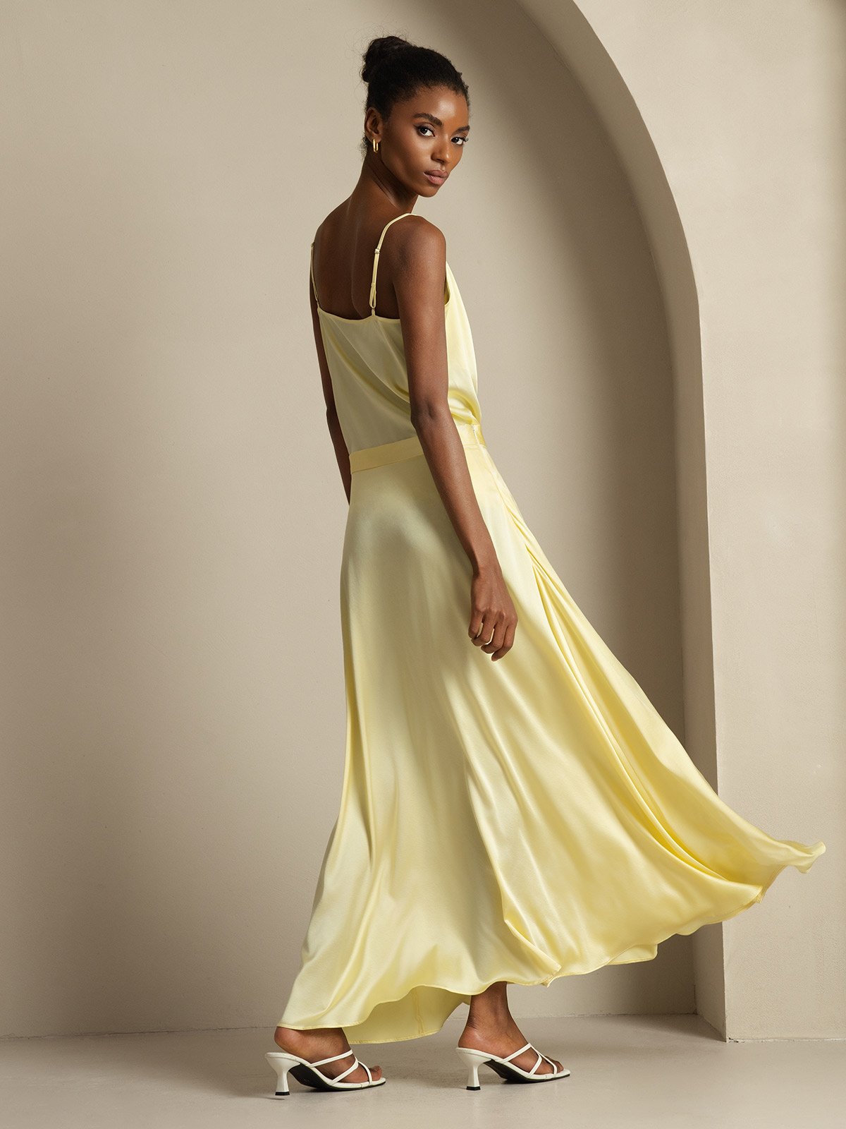 [Light Yellow] SilkSilky  19Momme Silk Cowl Neck Women''s Outfit Sets 002,