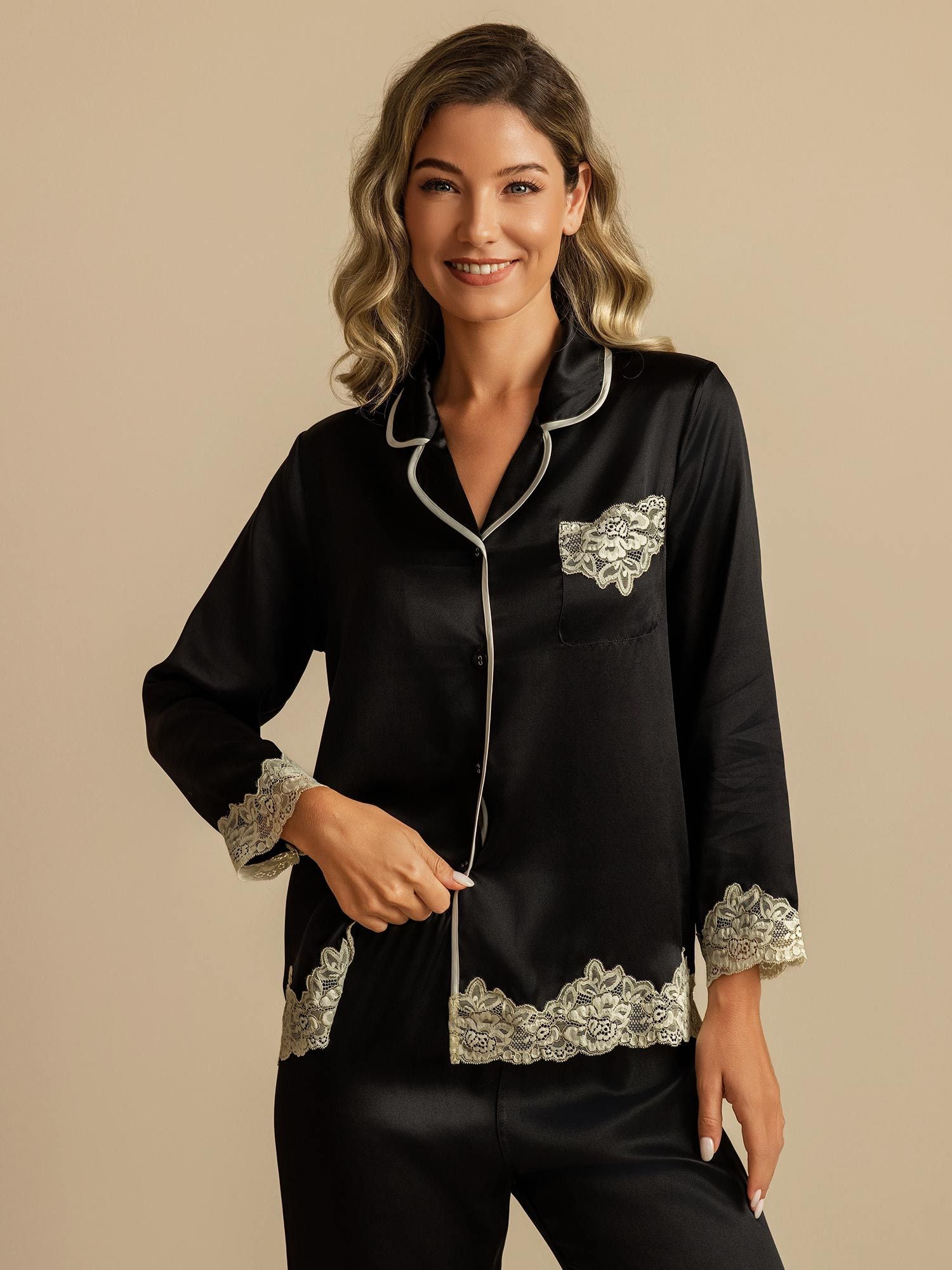 [Black] SilkSilky Pure Silk Womens Pajamas 007