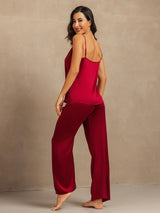[Wine] SilkSilky  19Momme Machine-Washable Silk Spaghetti Strap Scoop Neck Camisole Set 002