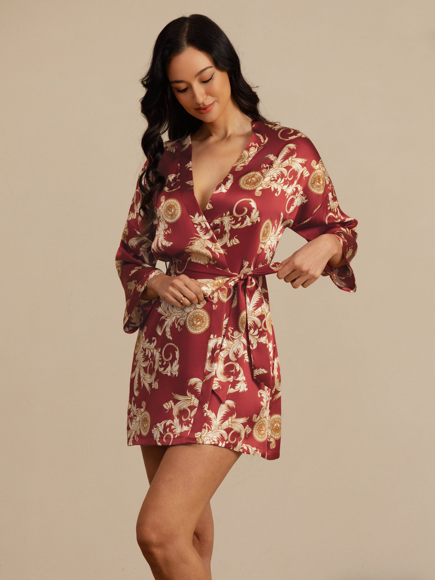 [Wine Dragon] SilkSilky  3/4 Sleeve V Neck Women's Robe 005