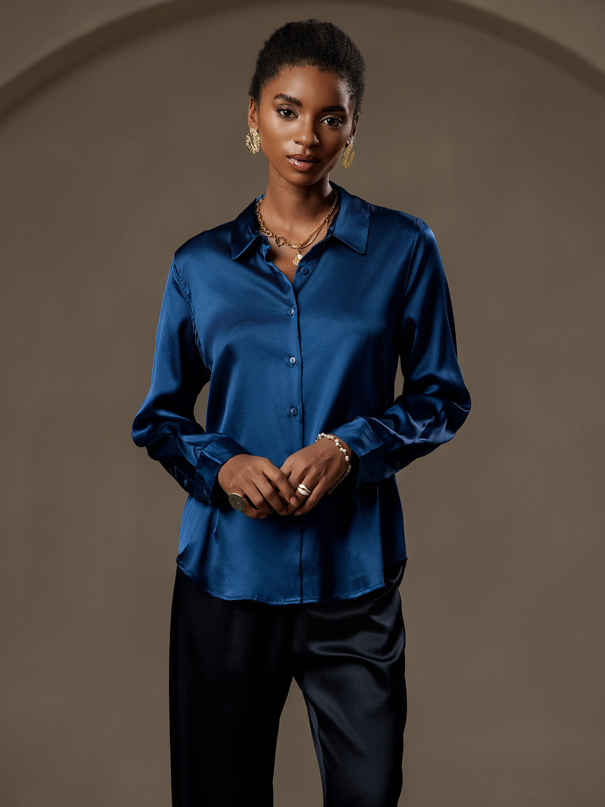 [Teal] SilkSilky  Silk Long Sleeve Lapel Collar Women's Shirt 003