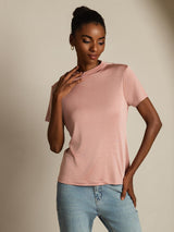 [Pink] SilkSilky  100% Silk Jersey Short Sleeve Mock Neck Women's T-Shirt 005