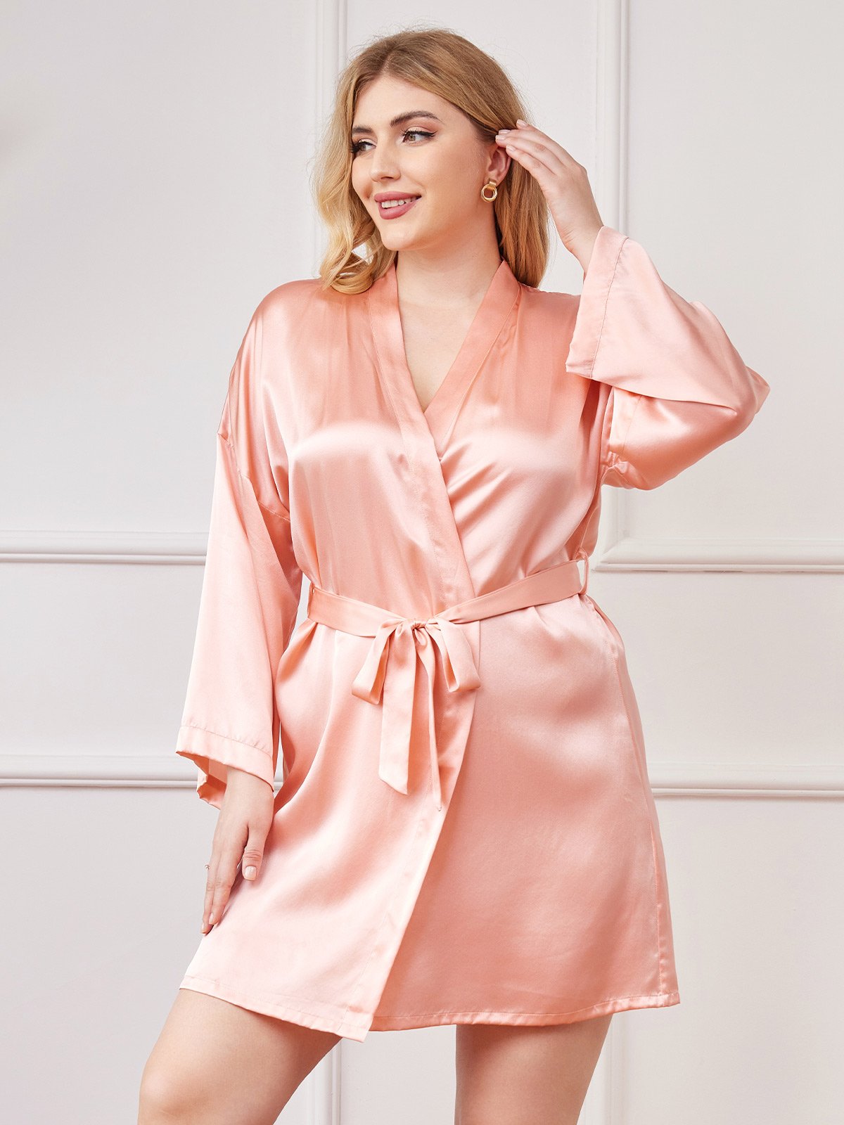 SilkSilky US Pure Silk Long Sleeve Deep V Neck Plus Size Robe Pink 003