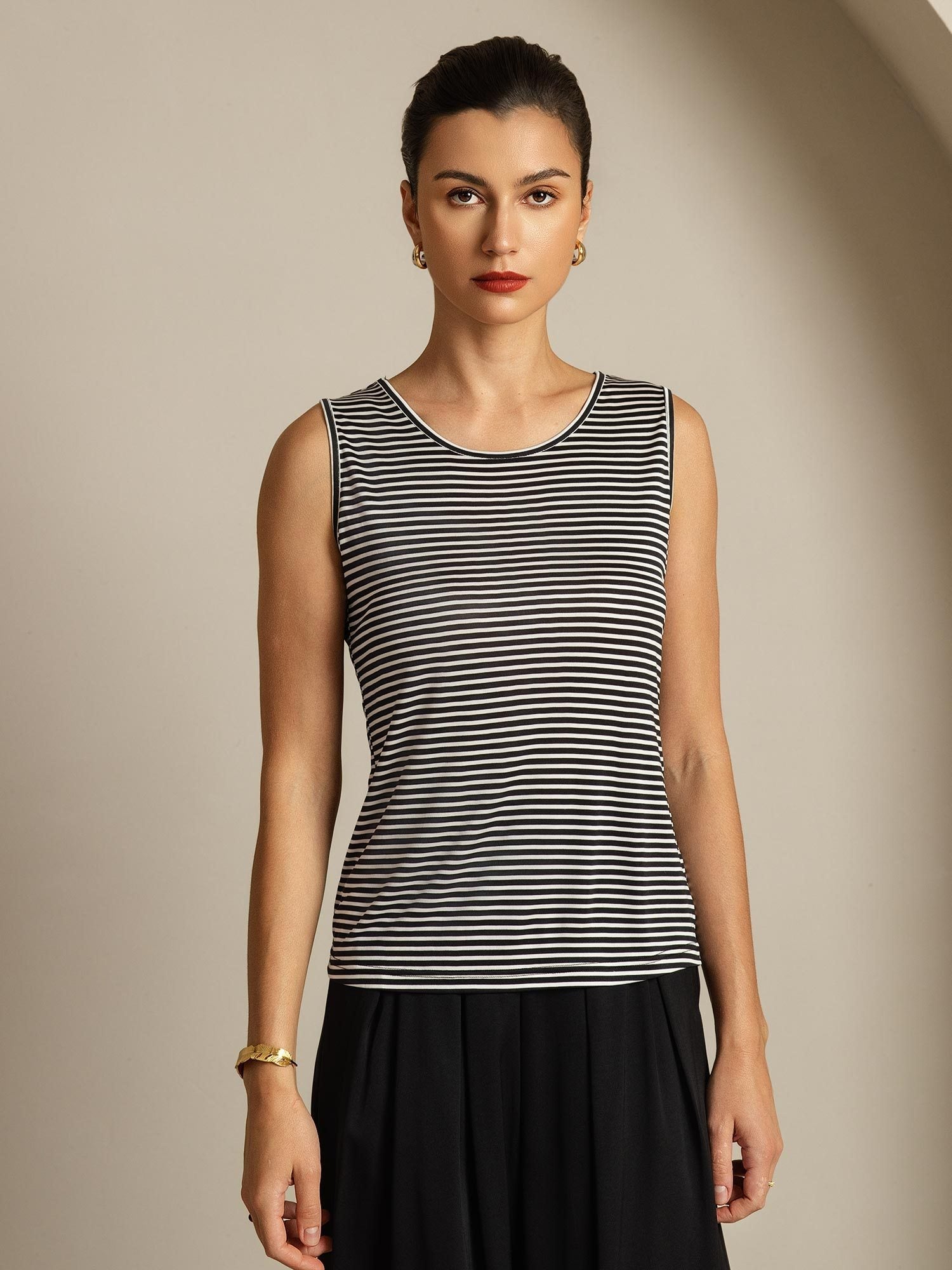 [White Stripe] SilkSilky  Silk Sleeveless Round Neck Camisole Top 001