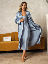 [Grayish Blue] SilkSilky  Long Sleeve V Neck Nightgown&Robe Set 006