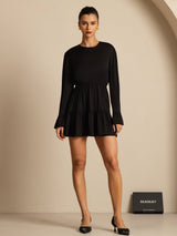 [Black] SilkSilky  19Momme Silk Long Sleeve Round Neck Dress 001