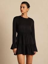 [Black] SilkSilky  19Momme Silk Long Sleeve Round Neck Dress 007