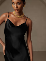 [Black] SilkSilky  Spaghetti Strap Cowl Neck Dress 007