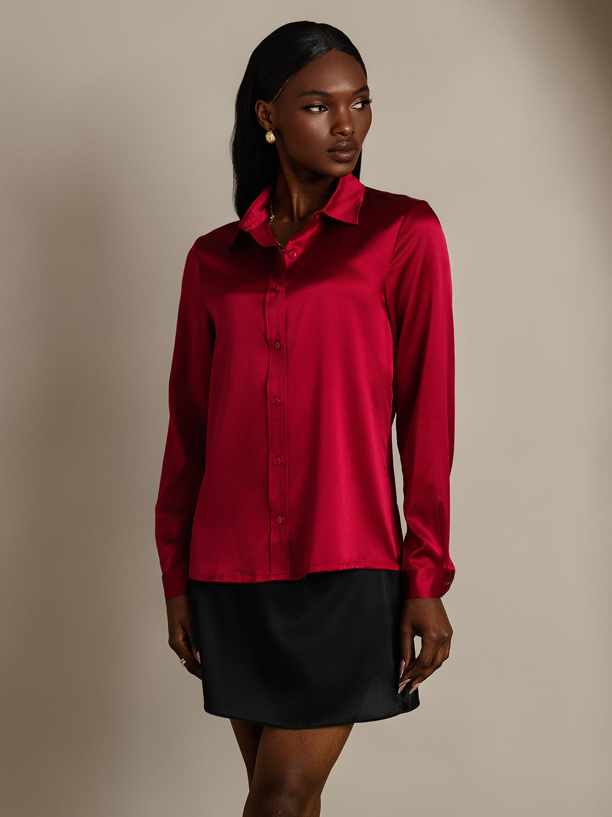 SilkSilky  19Momme Silk Long Sleeve Collar Women's Shirt Wine 008