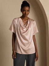 [Tuscany] SilkSilky  Short Sleeve Cowl Neck Women's Blouse 001