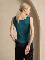 [Dark Green] SilkSilky  100% Silk Jersey Sleeveless Round Neck Women's T-Shirt 002