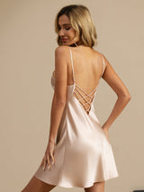 [Pink] SilkSilky  Spaghetti Strap V Neck Nightgown 002