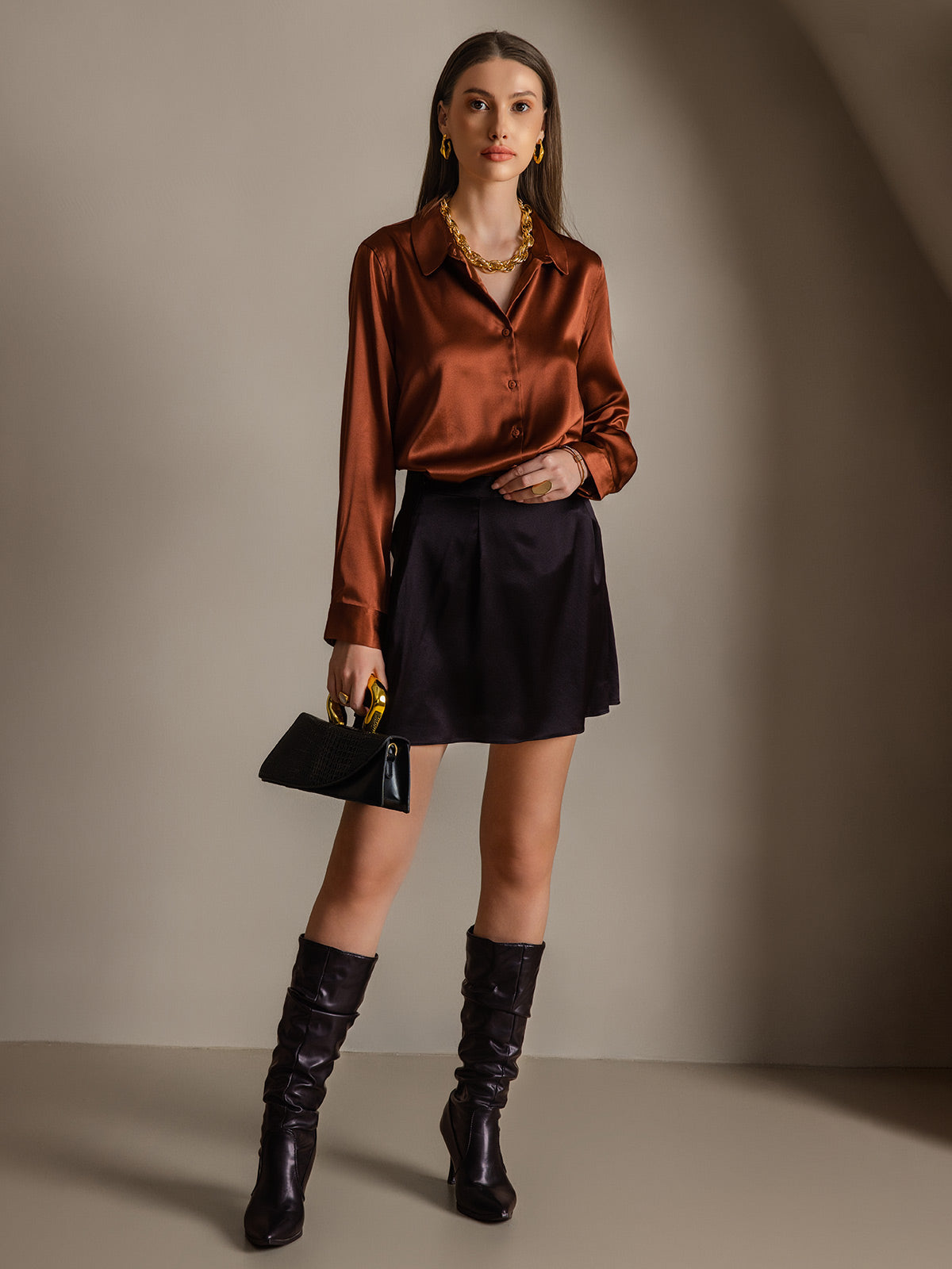 [Caramel] SilkSilky  Silk Long Sleeve Lapel Collar Women's Shirt 005