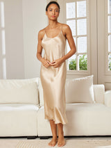 [Champagne] SilkSilky  Spaghetti Strap V Neck Nightgown 005