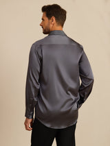 [Dark Gray] SilkSilky 19Momme Stretch Silk Charmeuse Long Sleeve Lapel Collar Men's Shirt 002