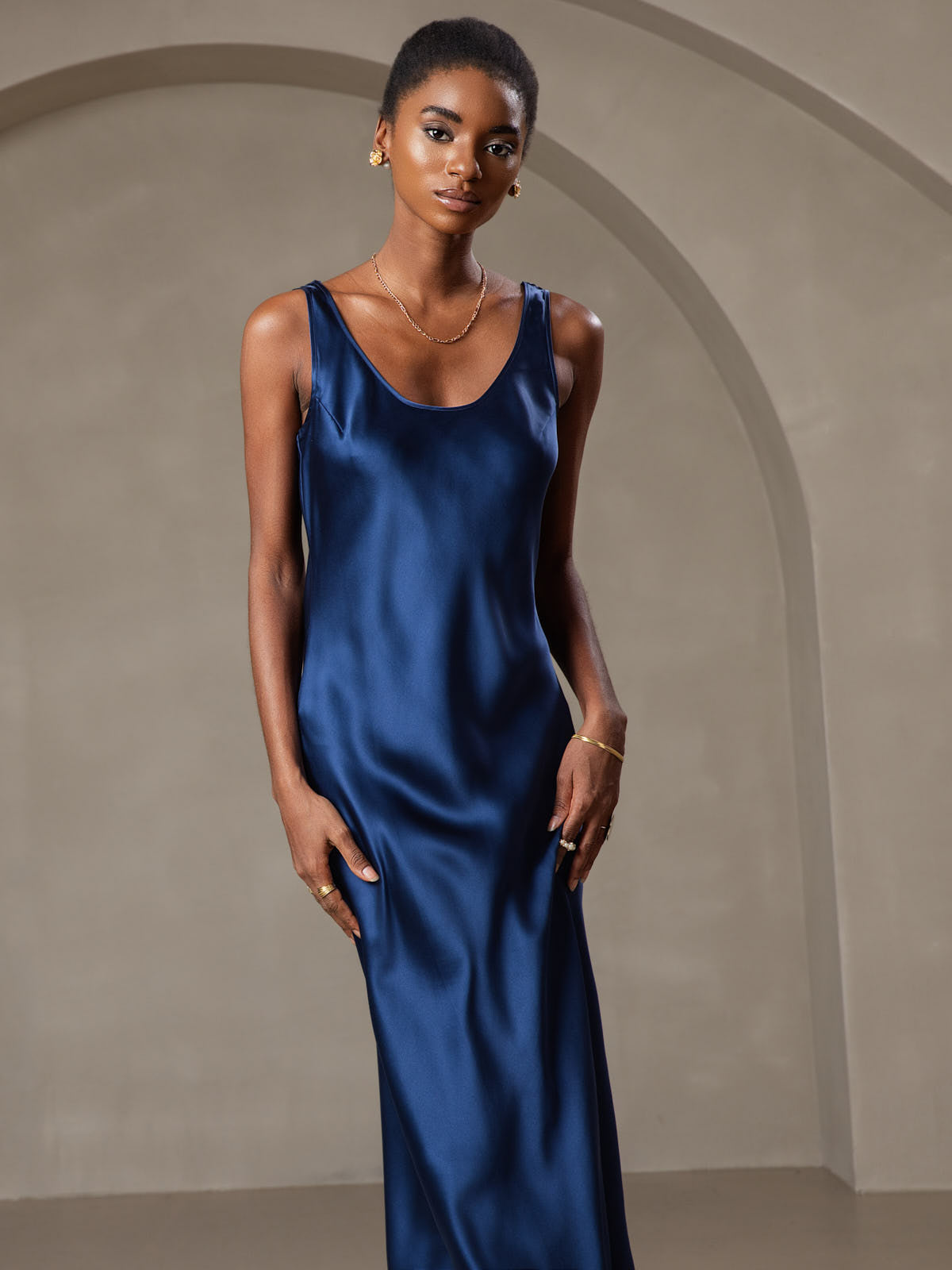 [Dark Blue] SilkSilky  Pure Silk Boat Neck Dress 003