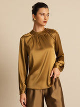 [Bronze] SilkSilky  19Momme Stretch Silk Charmeuse Long Sleeve Round Neck Blouse 001