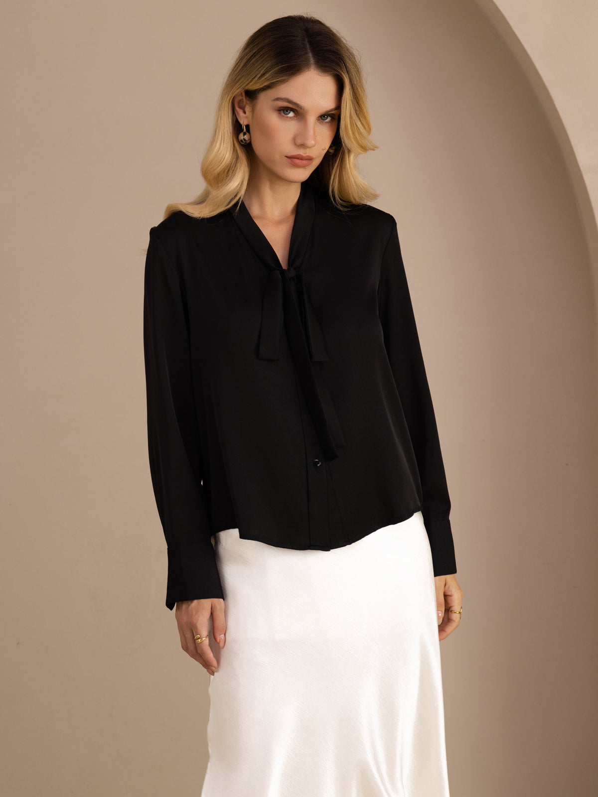 [Black] SilkSilky  Long Sleeve Tie Neck Women's Blouse 001