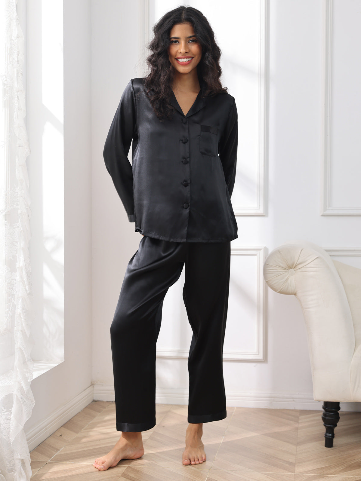 SilkSilky US Pure Silk Long Sleeve Lapel Women's Pajamas Black 003