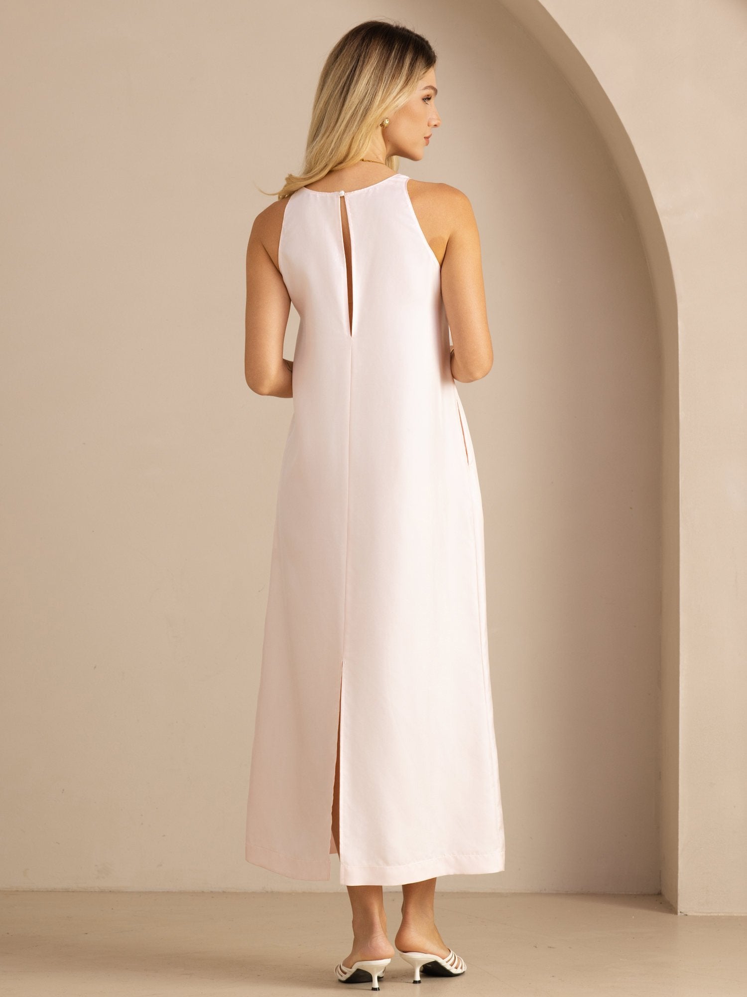 SilkSilky 100% Mulberry Silk Crew Neck Sleeveless Self-Tie Midi Dress, Light Pink / L(12)